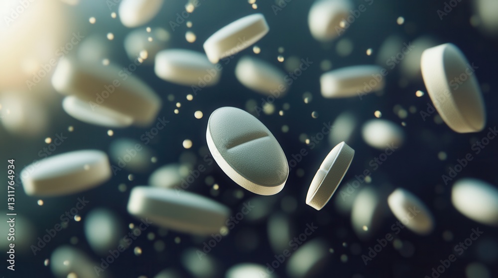 Poster Floating pills captured in zero gravity with soft shadows and cinematic lighting in an abstract medical composition featuring intricate details