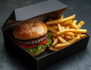 Delicious burger with fresh lettuce and tomato served with crispy fries in a takeout box