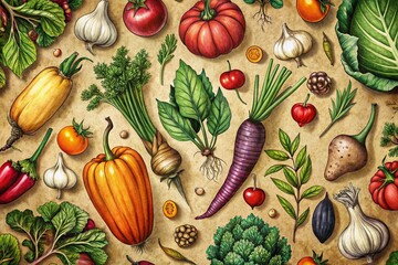 Vintage Hand-Drawn Vegetable Illustrations for Eco-Friendly Wrapping Paper Design