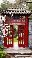  Beautiful Red Chinese Gate Entrance with Plum Blossoms, Perfect for Feng Shui Garden Spaces