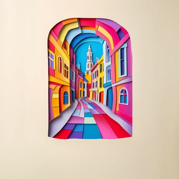 Bor&aring;s, Sweden, paper cut illustration - A colorful city street with a clock tower