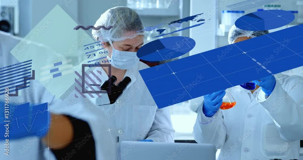 Aufkleber in lab, scientists analyzing data with animation of charts and graphs overlay