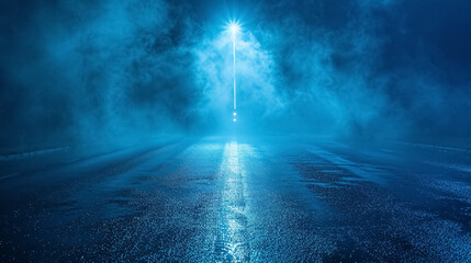 Fototapeta premium Dark blue background depicting an empty, foggy street with wet asphalt, illuminated by a searchlight, laser beams, and smoke, creating a mysterious atmosphere.