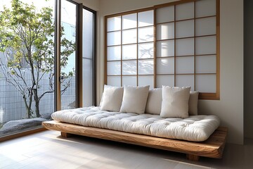 Modern japandi interior design of a living room with plaid windows and a sofa. Generative AI
