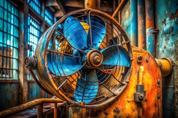 Obraz premium Vintage Industrial Fan, Blue & Orange, Urban Exploration Photography