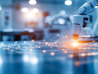 Automated robotic arm working in research lab with digital connections