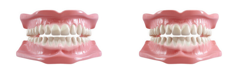 two dental models showcasing upper and lower jaws with teeth these models are used for educational purposes. demonstrating dental anatomy. orthodontics. or prosthetics their realistic design aids in u