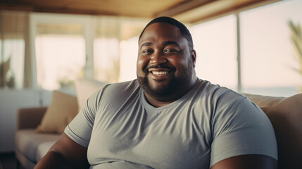 Naklejka premium A handsome plus-size African-American man sitting on a light sofa, relaxed and enjoying comfort.