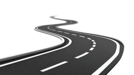 winding road that stretches into the distance. set against a minimalistic white background the road is marked with dashed and solid lines. emphasizing its curves and inviting a sense of journey or adv
