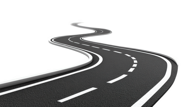 winding road that stretches into the distance. set against a minimalistic white background the road is marked with dashed and solid lines. emphasizing its curves and inviting a sense of journey or adv