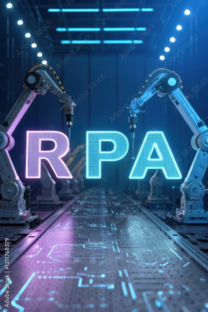 Poster robotic process automation concepts. a futuristic scene featuring robotic arms and illuminated lette
