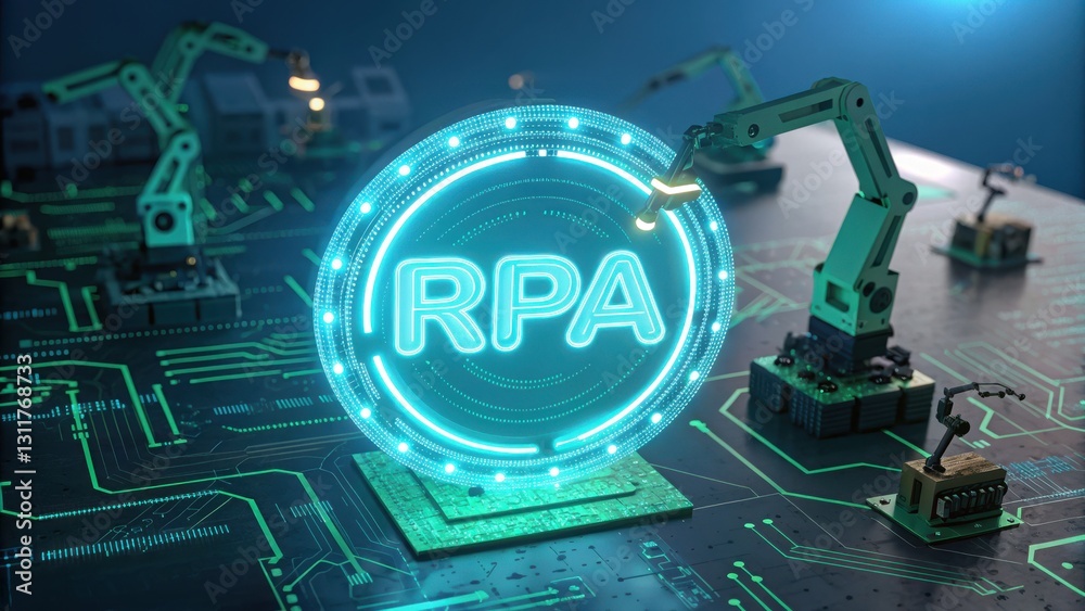 Poster a futuristic representation of robotic process automation (rpa) featuring glowing elements and robot