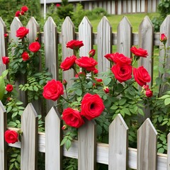  Rustic Red Roses Growing Alongside Weathered Wooden Fencing in a Garden Setting