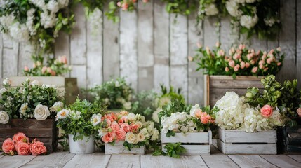Fototapeta premium Floral Arrangement in Rustic Wooden Boxes, Spring Flowers in White and Peach Tones Against a Weathered Wooden Background.