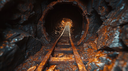 Exploring an old coal mine shaft with rusted rails and dim light illuminating dark tunnels