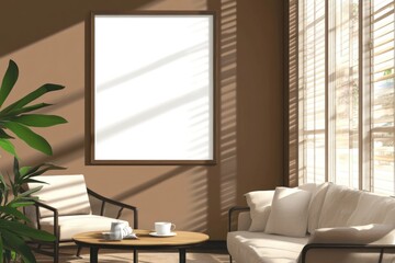 Sunlight streams into a living room with a blank frame, two armchairs, and a sofa.