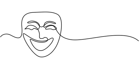 theater mask tragedy and humor oneline continuous line art, Theater mask tragedy and humor one line continuous line art. Character mask sketch. Smiling face and crying face outline vector illustration