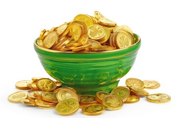 St. Patrick&rsquo;s Day wealth concept with a bowl of gold coins, isolated on white background, perfect for holiday themes