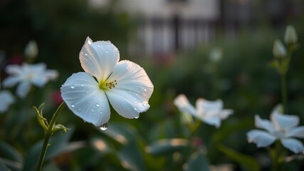  A White Flower in a Peaceful Garden with Dew Kissed Petals in the Early Morning