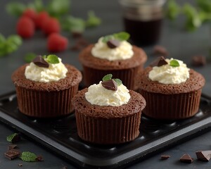 Chocolate cupcakes with whipped cream, fruit, and desserts
