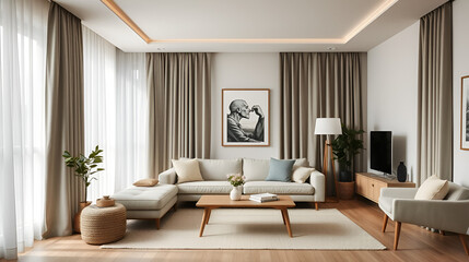 Capturing the unique blend of functionality and style in a living room adorned with dimout curtains and minimalist scandinavian furniture.