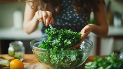 Healthy Pregnant Woman Mixing Green Kale in Glass
