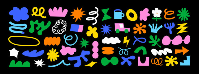 Big set of doodle vector elements. Collection of abstract and naive shapes. Colorful hand drawings. Isolated childish icons.