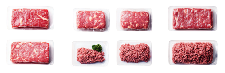 various cuts of meat displayed in clear packaging. showcasing different textures and colors. including ground meat this arrangement highlights the variety of meat products available for purchase. emph