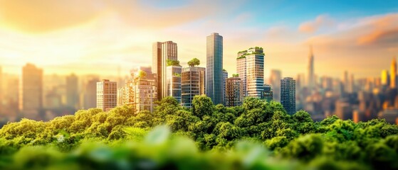 Naklejka premium Modern Urban Landscape with Green Roofs and Sunlit Horizon