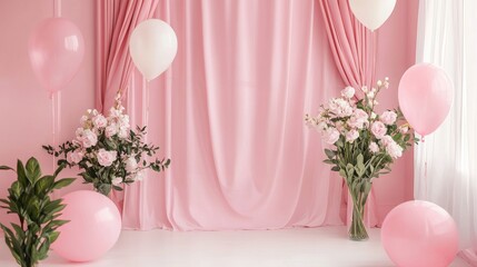 Pink Party Background with Balloons and Flowers