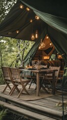 Fototapeta premium Cozy glamping setup in a lush forest. Beautifully decorated tent with warm lighting invites relaxation. Enjoy nature while indulging in comfort. Generative AI