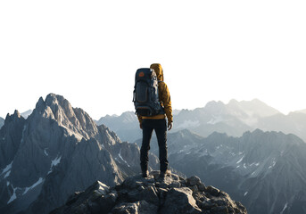 Hiker Contemplating Mountain Views isolated on white or transparent png background