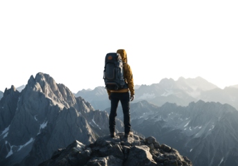 Hiker Contemplating Mountain Views isolated on white or transparent png background