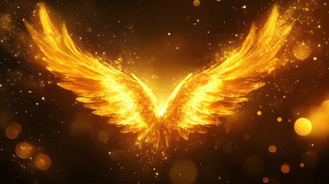 Fiery Golden Wings Spread in Dark Ambiance