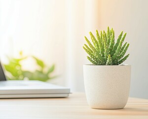 Bright Indoor Cactus in Minimalist Pot on Wooden Table with Laptop in Soft Light