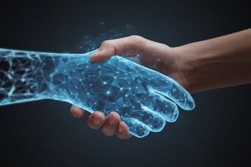 A human hand shakes a digital, glowing hand symbolizing technology and human connection.
