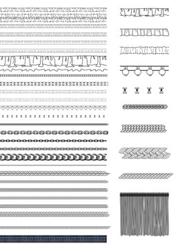 FASHION BRUSHES
A selection of fashion brushes, including ruffles, trims, drawcords, plaits, chains, buttons.  Tools for fashion technical Cads and illustrations.