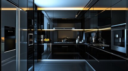 Modern Kitchen Interior with Black Glossy Cabinets and Stylish Design