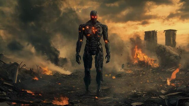 Towering cybernetic soldier stands amidst ruins destroyed city, glowing with molten energy, eyes burning red with ominous gaze. Concept artificial intelligence, war, apocalypse, technology, cybernetic