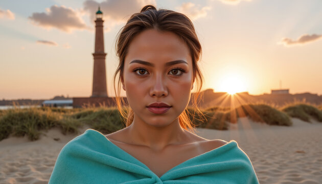 A woman with light brown hair wrapped in a teal blanket stands on a sandy beach, the setting sun casting a golden glow, her expression calm and composed. - Powered by Adobe
