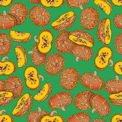 Seamless pattern with Galeux de Eysines Squash or French Warted Pumpkin. Winter squash. Cucurbita maxima. Vegetables. Isolated vector illustration.