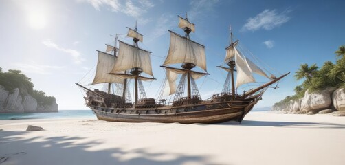 Old sailing galleon stranded on a pristine white sandy beach , waves, vast