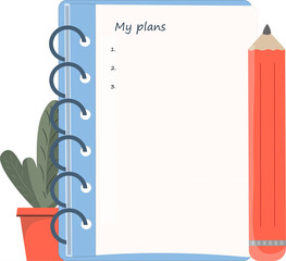 Notepad and pencil, planning work, paper sheet of notebook for memo notes, blank lined diary, planner on spirals, organizer for business records