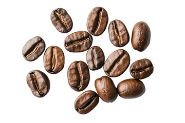 Obraz premium Top view roasted coffee beans arranged geometrically on pure white space, ideal for e-commerce product listings, coffee subscription box branding, and food blogger content creation.