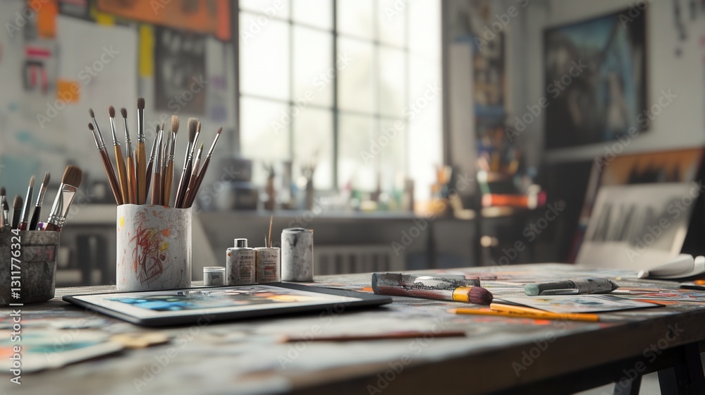 Aufkleber Creative tools scattered across a vibrant artistic workspace inviting inspiration and expression