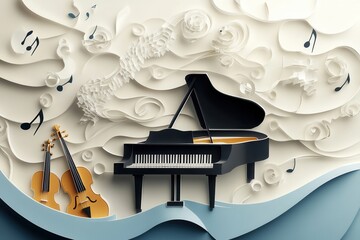 Musical notes flow elegantly around a grand piano and violins in a vibrant paper craft design