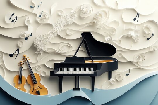 Musical notes flow elegantly around a grand piano and violins in a vibrant paper craft design