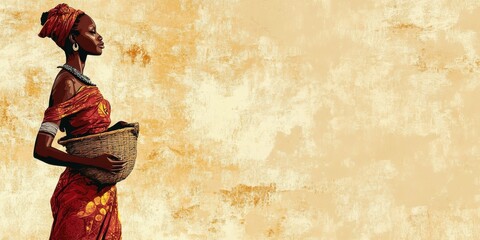 Elegant African Woman in Traditional Attire Holding a Basket Against a Textured Background