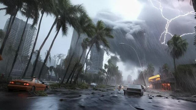 Super typhoon strikes coastal city, toppling skyscrapers and flooding streets amid lightning and torrential rain. Concept natural disaster, extreme weather, climate change and catastrophe.