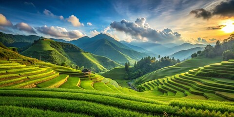 Fototapeta premium Vintage Photo: Serene Green Rice Terraces, Majestic Mountains, Blue Sky - Peaceful Nature Scene